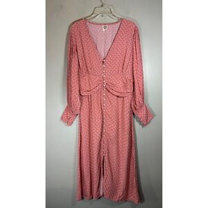 ELF Bali Handmade Pink Floral Rayon V-Neck Button Front Midi Dress XXL Boho